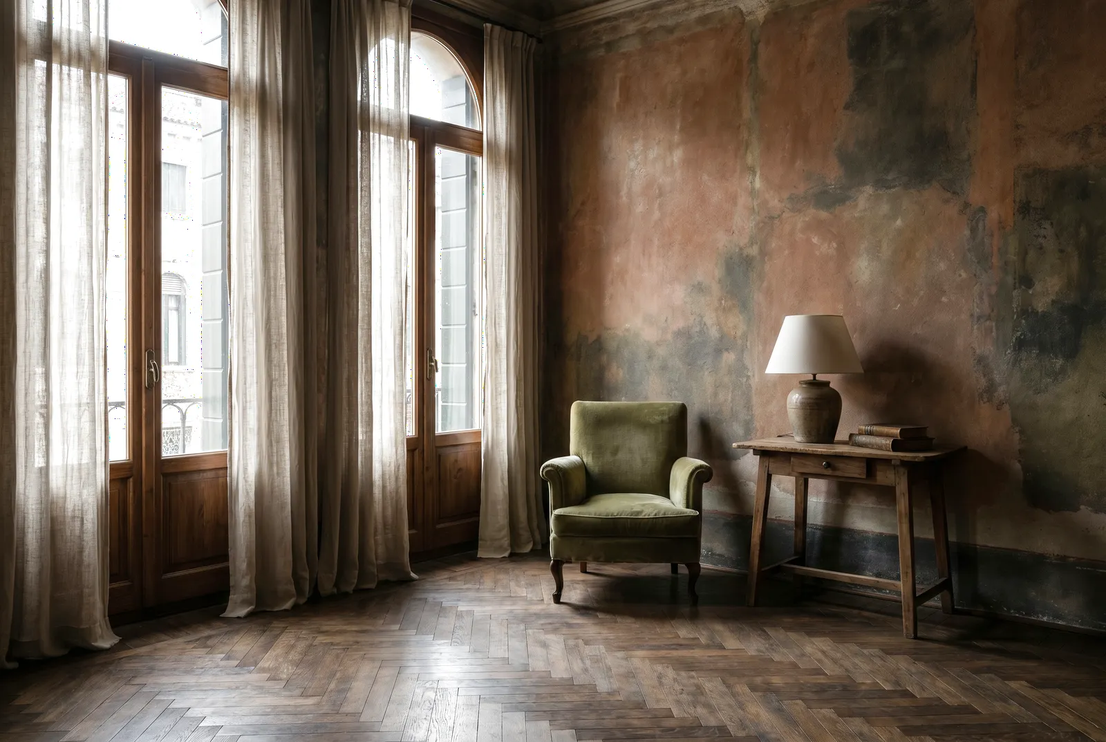 Restored historic Italian apartment interior with tall windows